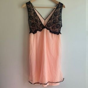 Vintage 1960s hand stitched negligee, soft peach with black lace
